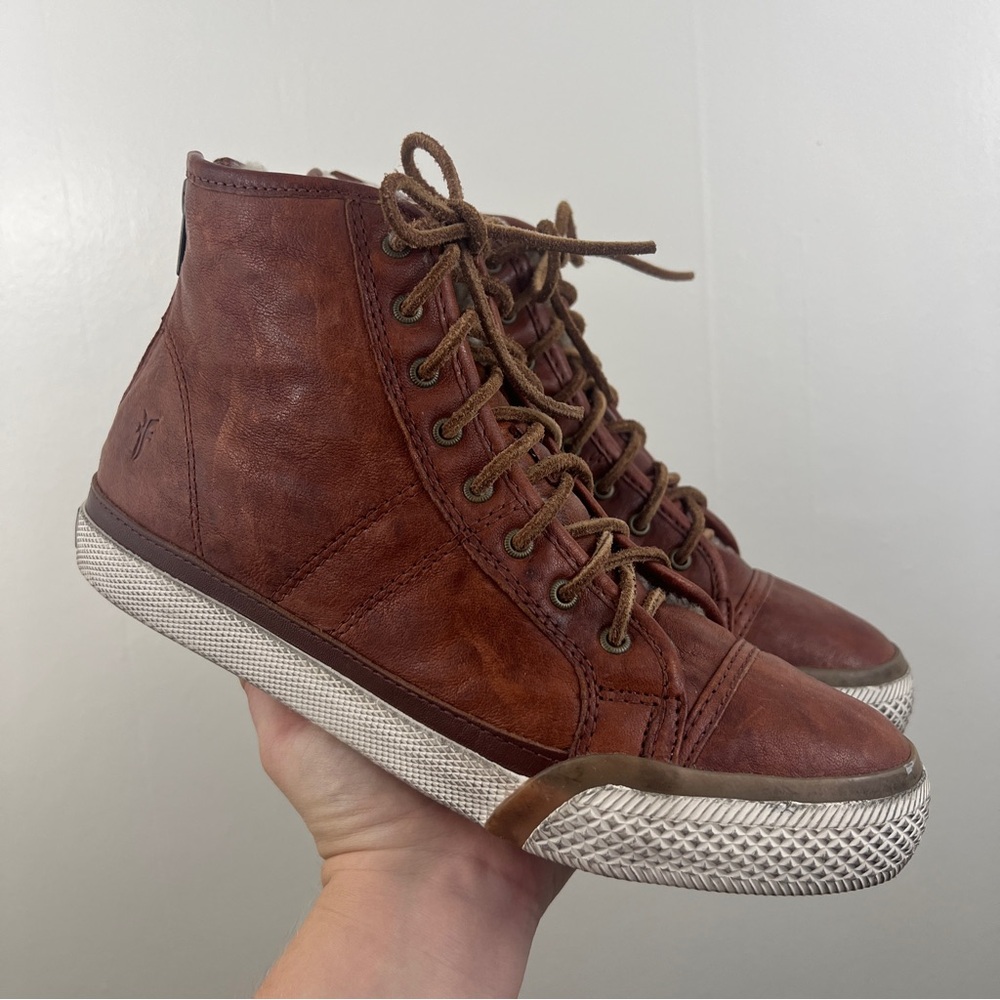 Frye High Top Leather Lace Up Shearling Lined Sneakers Size 8 Greene Shearling